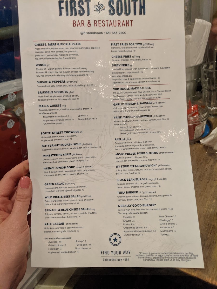 First and South gluten-free menu