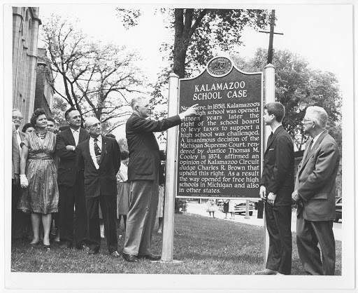 Near here, in 1858, Kalamazoo’s first high school was opened. Fifteen years later the right of the school board to levy taxes to support a high school was challenged. A unanimous decision of the...