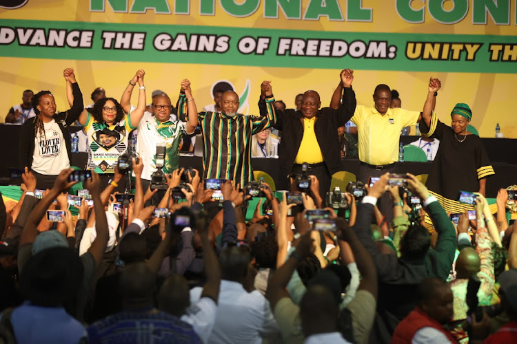 Cyril Ramaphosa was re-elected for a second term as president of the ANC during the party's 55th national elective conference at Nasrec on Monday. From left are Maropene Ramokgopa, Nomvula Mokonyane, Fikile Mbalula, Gwede Mantashe, Cyril Ramaphosa, Paul Mashatile and Gwen Ramokgopa.