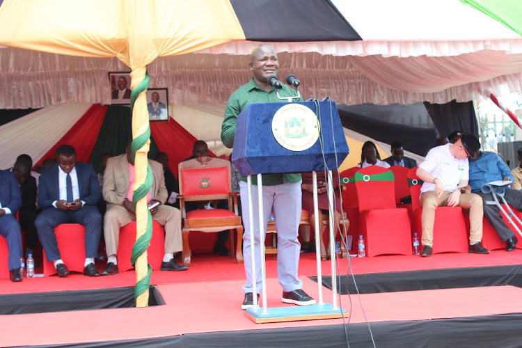 Kakamega governor Fernandez Barasa speaking at Bukhungu stadium on Friday