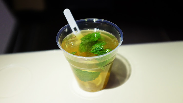 The mojito we mixed up on a plane; it's a little darker than our usual cocktail, but delicious nonetheless.