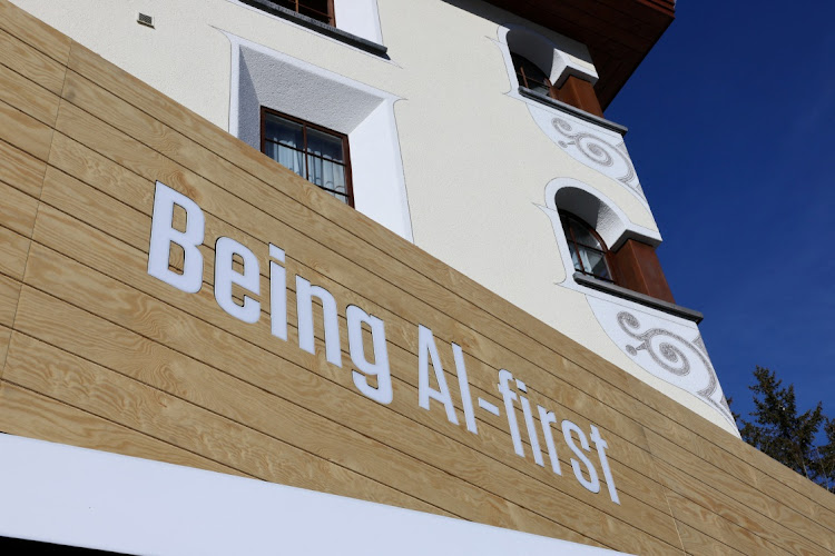A slogan related to artificial intelligence is displayed on Workday pavilion, during the 54th annual meeting of the World Economic Forum in Davos, Switzerland. File photo: DENIS BALIBOUSE/REUTERS
