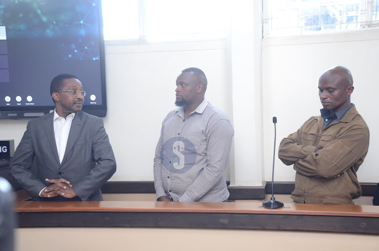 'Former Murang'a governor Mwangi Wa Iria together with his co-accused David Maina Njeri and Solomon Mutura Kimani before Anti-corruption court magistrate Thomas Nzioka where they have been charged with Sh351 million graft case on April 30, 2024./DOUGLAS OKIDDY