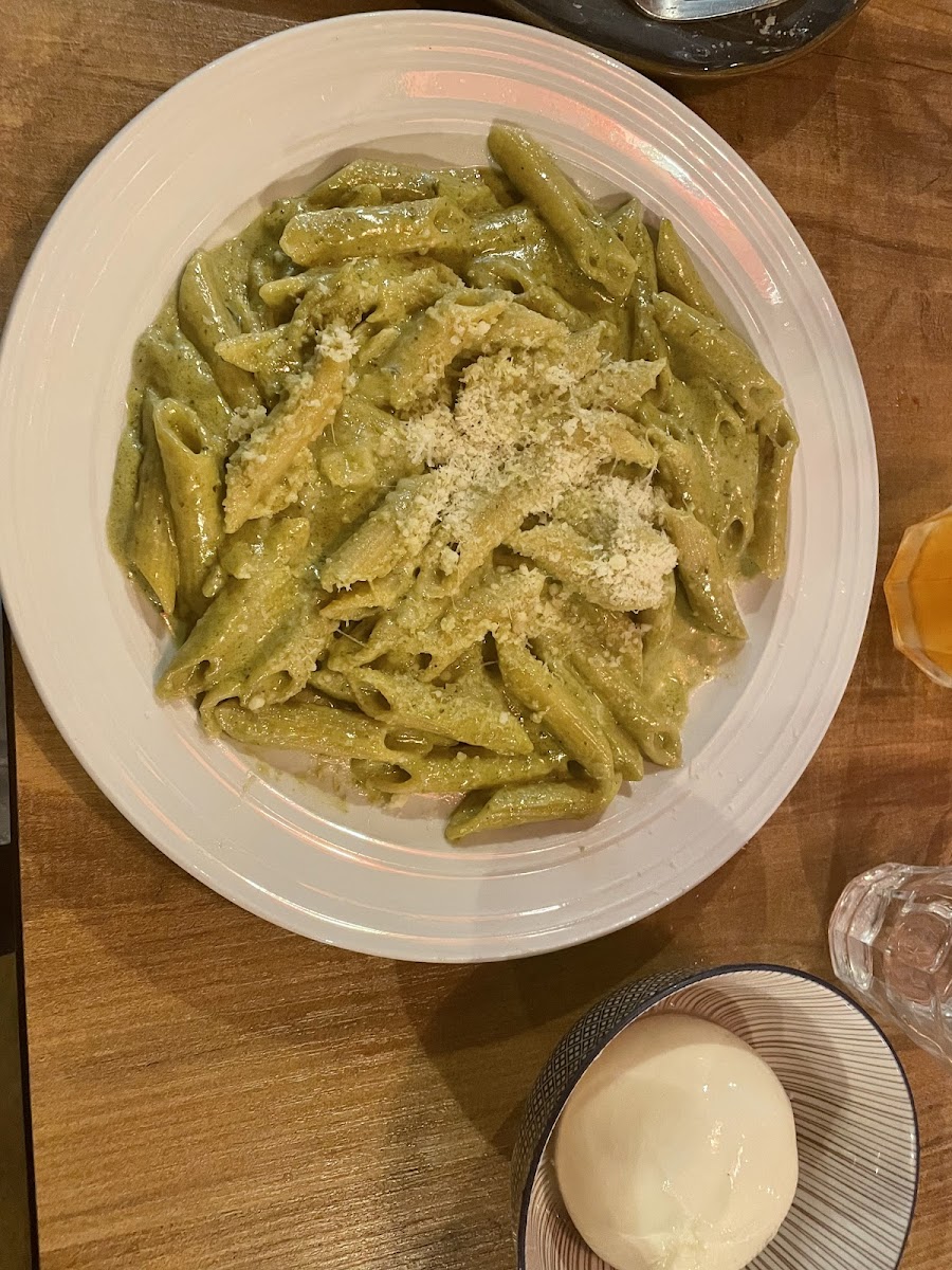 Pesto pasta and burrata.