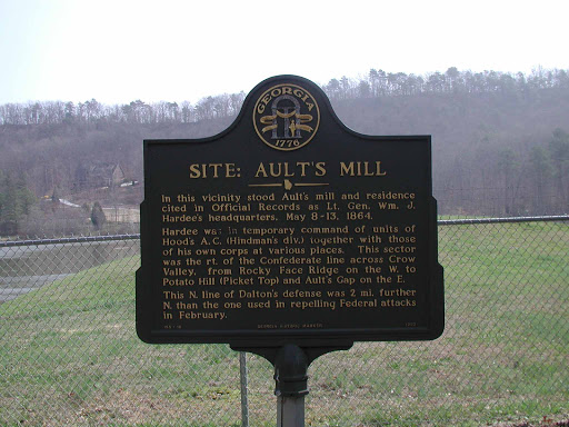 In this vicinity stood Ault´s Mill & residence cited in Official Records as Lt. Gen. Wm. J. Hardee´s h´dq´rs, May 8-13, 1864. Hardee was in temporary command of units of Hood´s A.C. (Hindman´s...