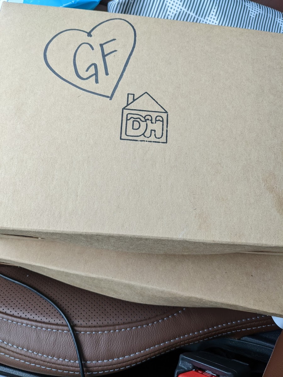 Gf donuts marked gf on top of box