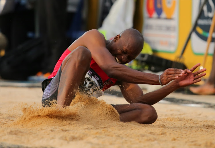 Luvo Manyonga in the men's long jump during day 3 of the ASA Senior and Combined Events Track & Field Championships at Tuks Athletics Stadium on March 17, 2018 in Pretoria, South Africa.