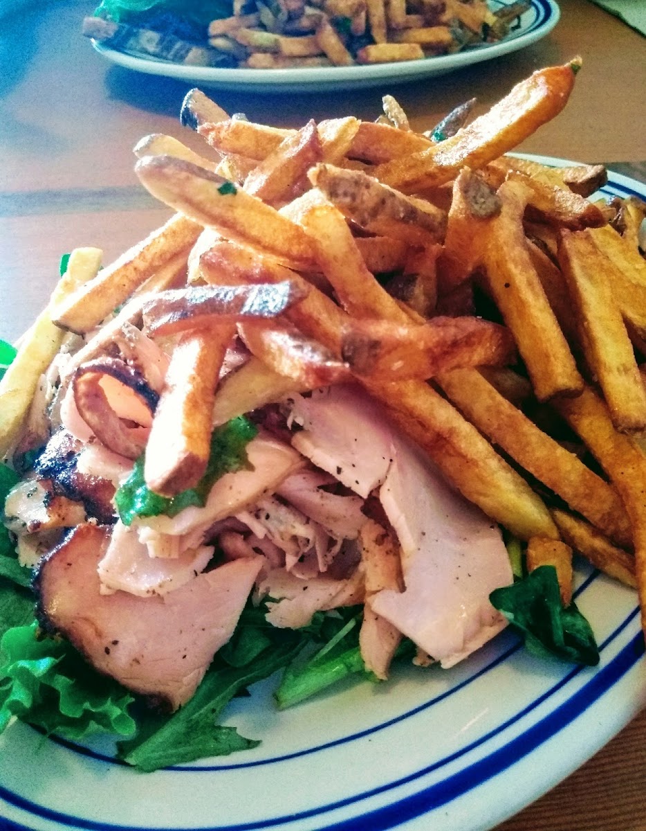 Turkey pastrami on greens with house cut fries.