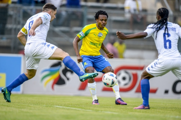 Sundowns attacking midfielder Percy Tau rips through SuperSport United duo during Telkom Cup.