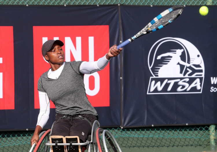 Kgothatso Montjane of South Africa in action in the women's final during day 4 of the Wheelchair Tennis Joburg Open at the Arthur Ashe Tennis Centre on July 05, 2017 in Johannesburg, South Africa.