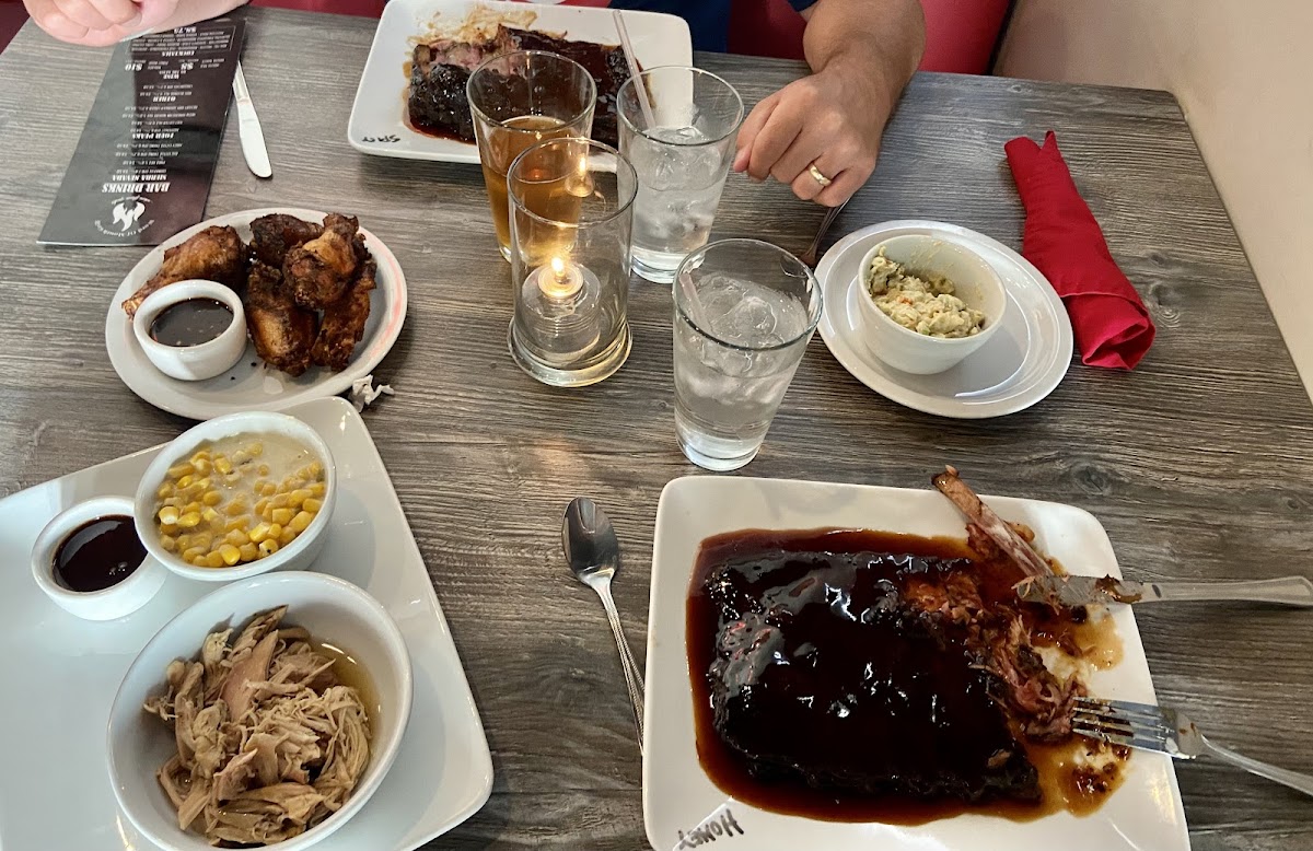 Ribs, pulled chicken, corn and potato salad