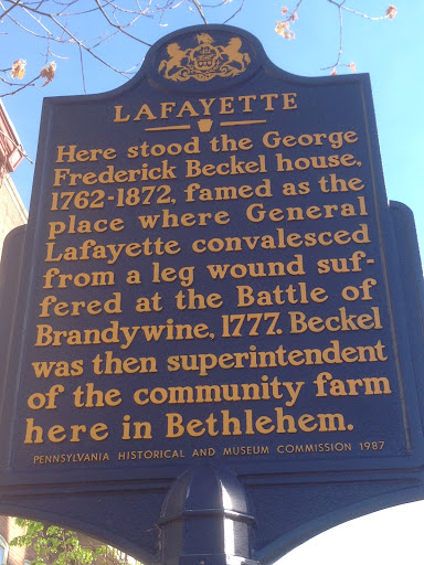 The plaque mark the location where stood a farm house owned and occupied by George Frederick Beckel where Marquis de Lafayette convalesced after being wounded at the Battle of Brandywine in 1777....