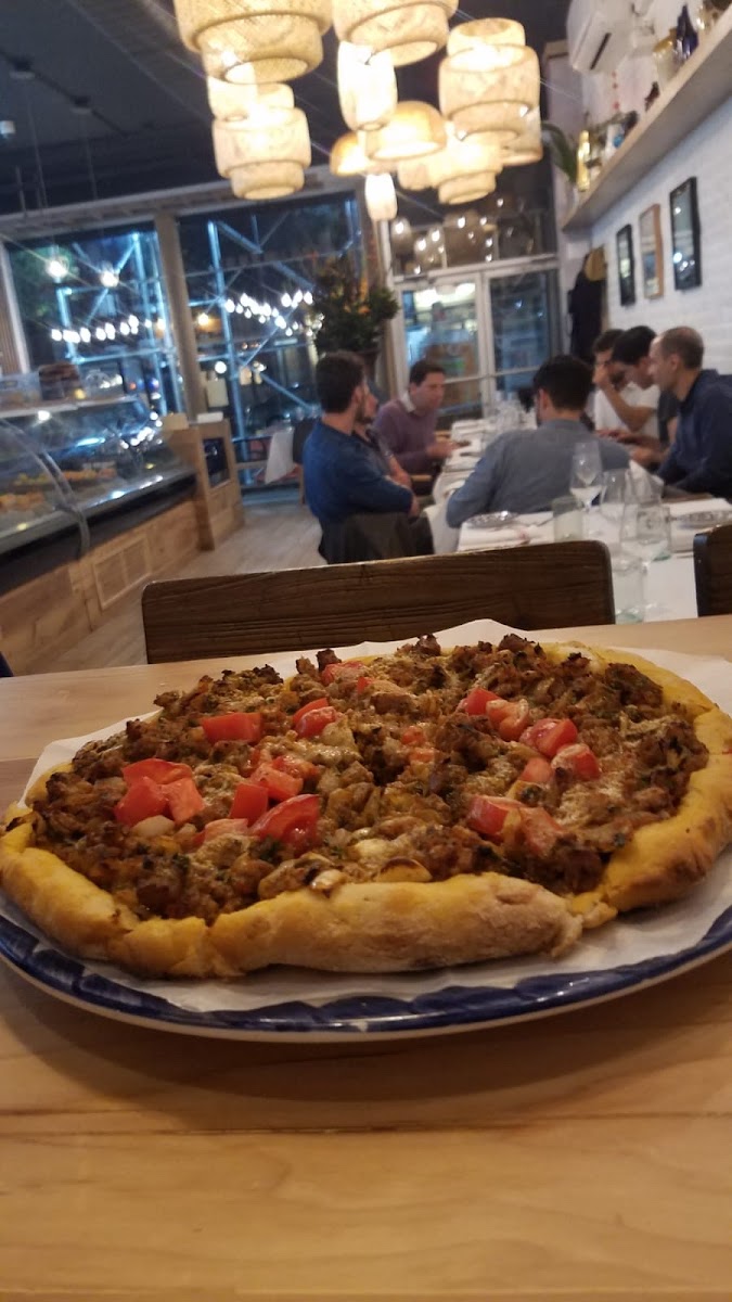 Vegan meat pizza with tahini