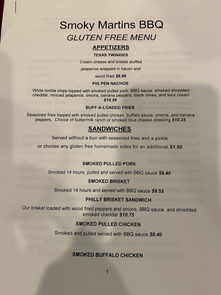 Smoky Martin's BBQ gluten-free menu