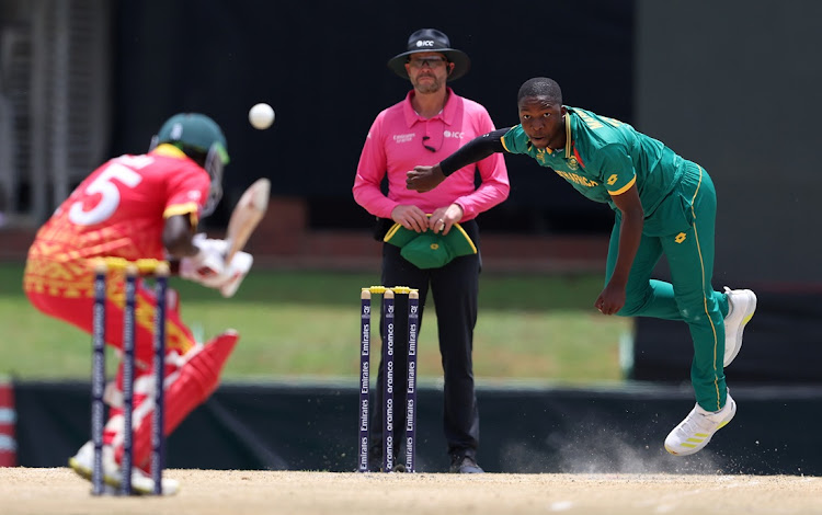 Kwena Maphaka of South Africa Under-19 bowls at Ryan Simbi of Zimbabwe in their ICC U19 Men's Cricket World Cup Super Six match at JB Marks Oval in Potchefstroom on Wednesday.