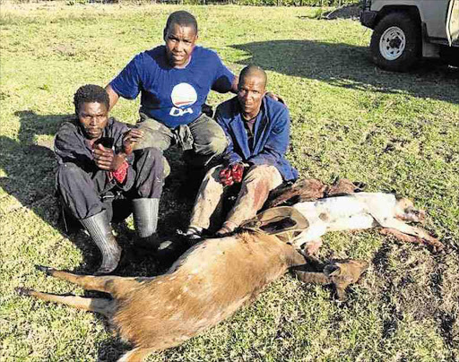 A picture sourced from Facebook shows suspected poachers, from left, Lwando Folokwe and Akhona Dyantyi, with an unknown farm employee, centre, with a dead buck and what appears to be one dead dog Picture: SUPPLIED