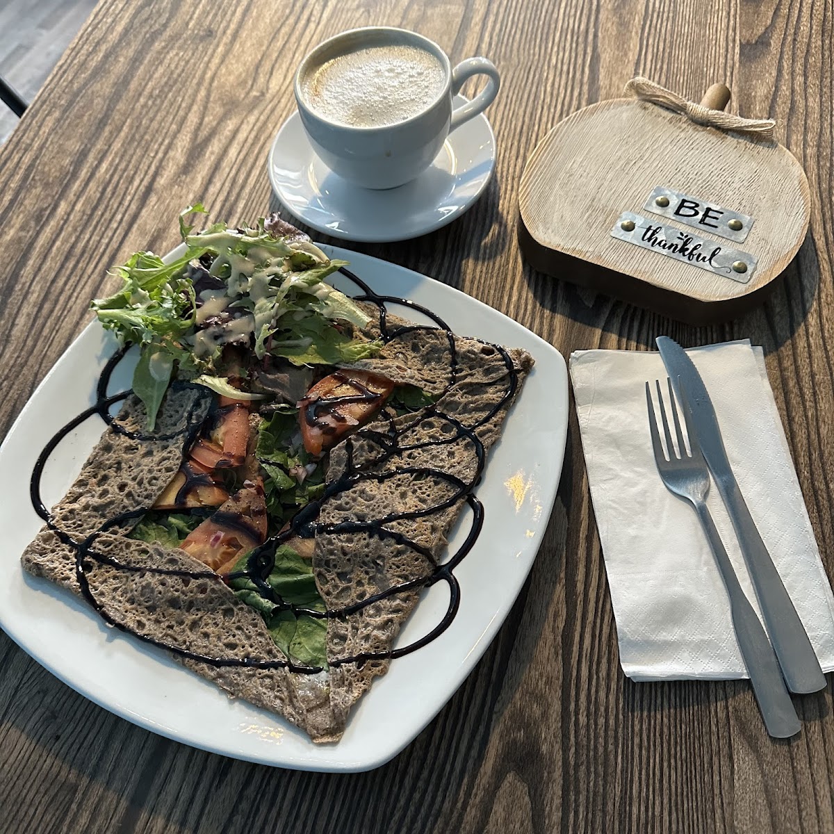 Gluten Free, Dairy free savory crepe with latte for lunch