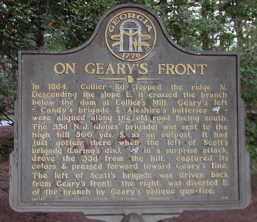 In 1864, Collier Rd. topped the ridge N. Descending the slope E. it crossed the branch below the dam at Collier´s Mill. Geary´s left -- Candy´s brigade & Aleshire´s batteries [Union] -- were...