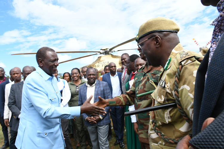 President William Ruto is received on arrival at Lariak, Laikipia County for the inauguration of an electric fence to avert human-wildlife conflict, April 12, 2024.