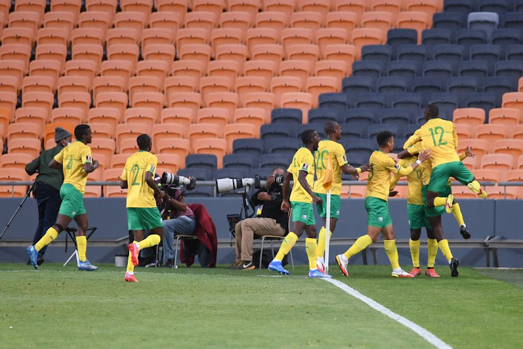 Bafana Bafana celebrate the only goal in their 2022 Fifa World Cup qualifier against Ethiopia at FNB Stadium on October 12 2021 in Johannesburg.