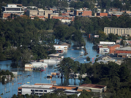 An aerial view shows flood waters after Hurricane Matthew in Lumberton, North Carolina October 10, 2016. /REUTERS