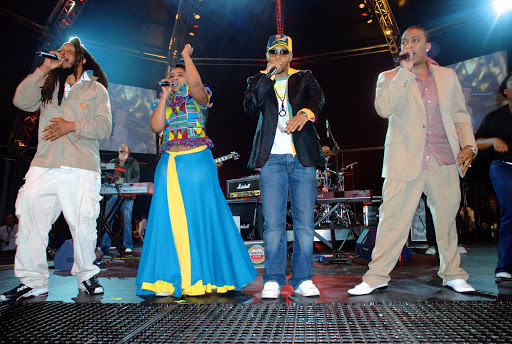 Bongo Maffin performing live on stage. From left to right are members Jah Seed, Thandiswa Mazwai, Stoan Seate and Speedy.