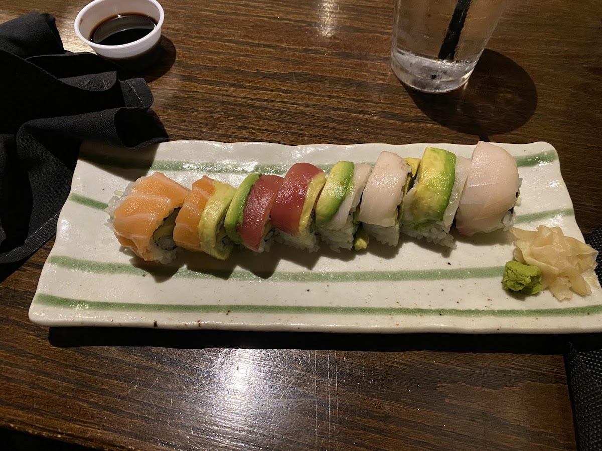 Rainbow Roll with a cup of GF soy sauce