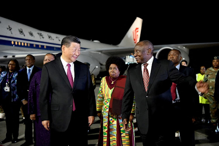 Chinese President Xi Jinping meets with South African President Cyril Ramaphosa ahead of the Brics Summit at OR Tambo International Airport in Johannesburg. Picture: YANDISA MONAKALI/DIRCO