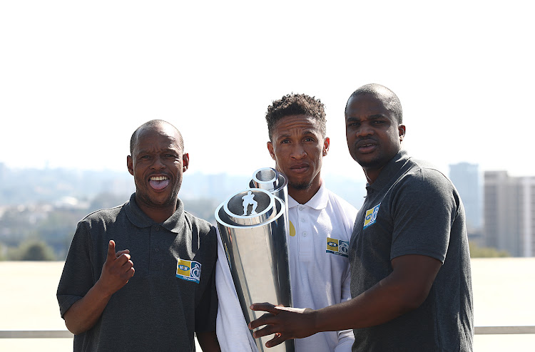 MTN8 ambassadors: Josta Dladla is flanked by MTN8 Last Man Standing winner Brian Khuzwayo (R) and Jabu Mahlangu (L) at Tiso Blackstar Offices in Parktown Johannesburg.