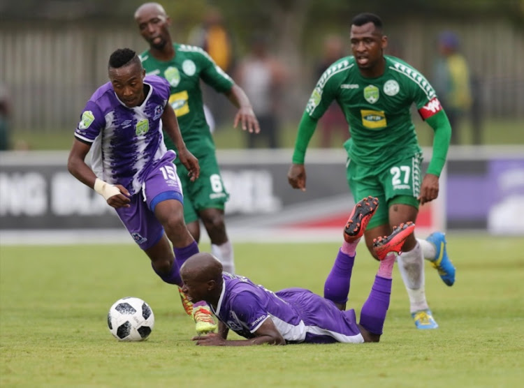 Siphesihle Ndlovu of Maritzburg United is fouled during the Nedbank Cup, Quarter Final match between Maritzburg United and Bloemfontein Celtic at Harry Gwala Stadium on March 31, 2018 in Pietermaritzburg, South Africa.