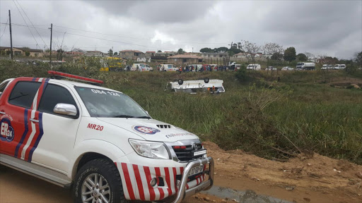 KwaZulu-Natal emergency rescue services on scene of a bus crash on the Umbumbulu road towards Adams Mission‚ south of Durban. ER24's Rusell Meiring said at least 40 children were injured as a bus rolled down an embankment. He said there were various injuries among the children aged between 15 and 18. Picture supplied by ER24