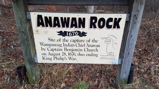 Plaque reads: "Anawan Rock. 1676. Site of the capture of the Wampanoag Indian Chier Anawan by Captian Benjamin Church on August 28, 1676, thus ending King Philip's War." Source and more...