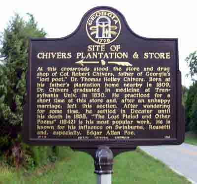 At this crossroads stood the store and drug shop of Col. Robert Chivers, father of Georgia´s "lost poet", Dr. Thomas Holley Chivers. Born at his father´s plantation home nearby in 1809, Dr....