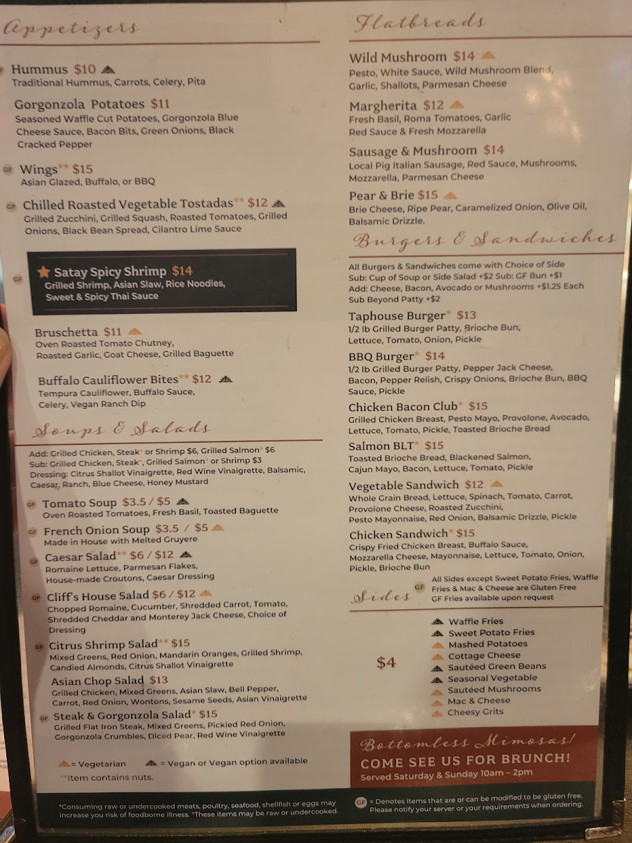 Cliff's Taphouse gluten-free menu