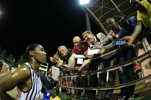 Caster Semenya of Pukke being interviewed by the media after her women's 3000m during the ASA Speed Series 3 in the Kenneth McArthur Athletics Stadium atNorth West University (Pukke) on March 15, 2017 in Potchefstroom, South Africa.
