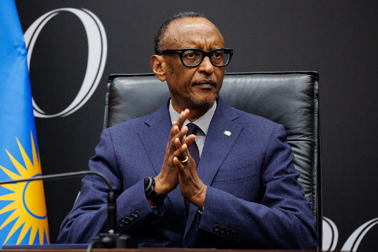 The President of Rwanda, Paul Kagame, holds a press conference after the start of 100 days of remembrance, as Rwanda commemorates the 30th anniversary of the Tutsi genocide, on April 8, 2024 in Kigali, Rwanda.