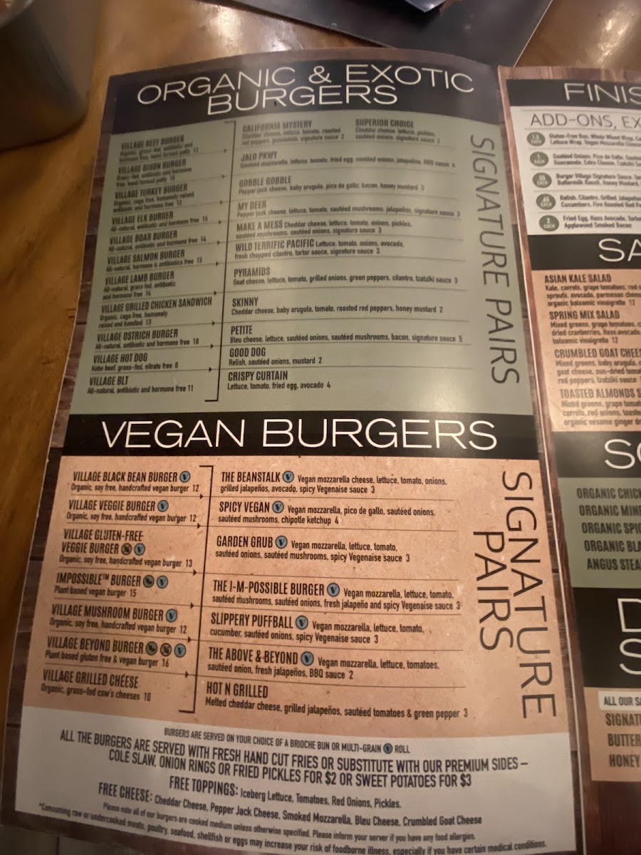 Burger Village gluten-free menu