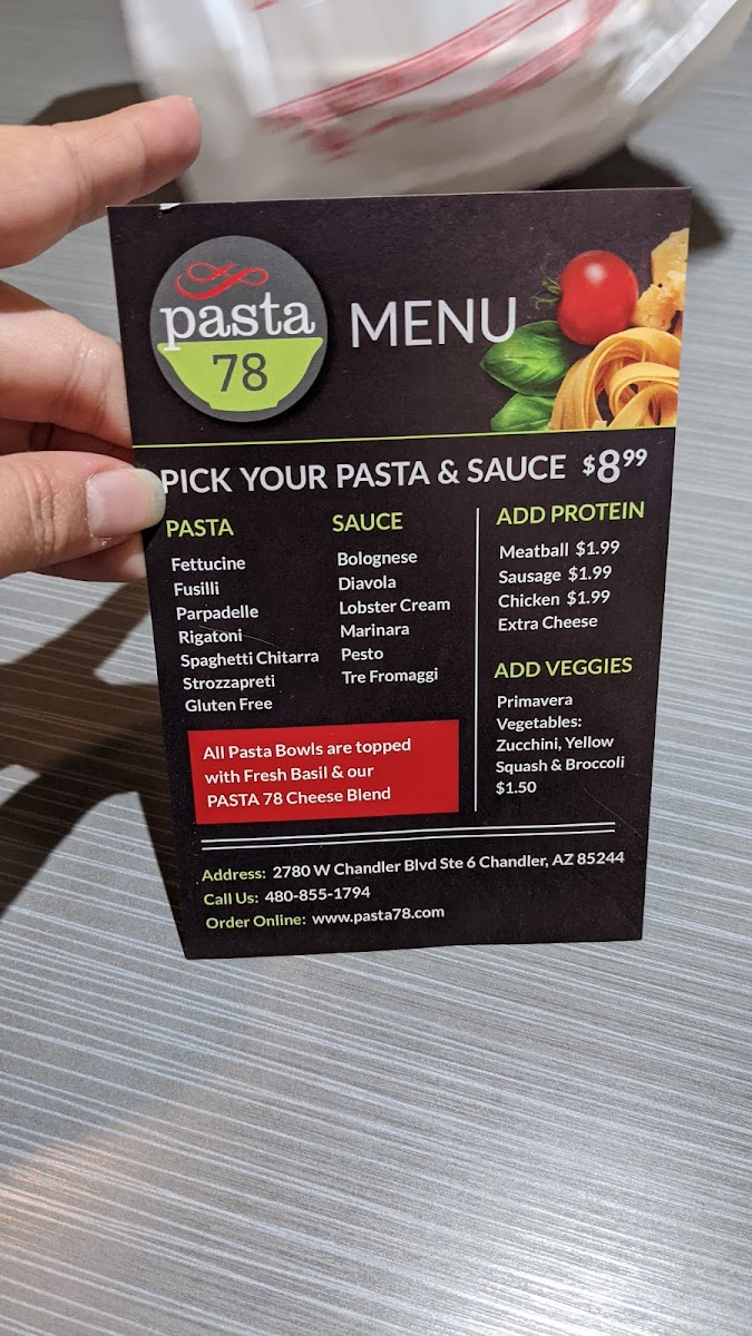 Pasta78 gluten-free menu