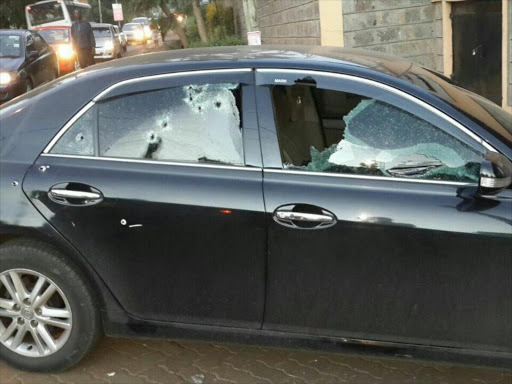 A vehicle whose driver repelled carjackers by shooting through his window when he was accosted outside his residence along Nairobi's Riara Road on February 2, 2016. Photo/COURTESY