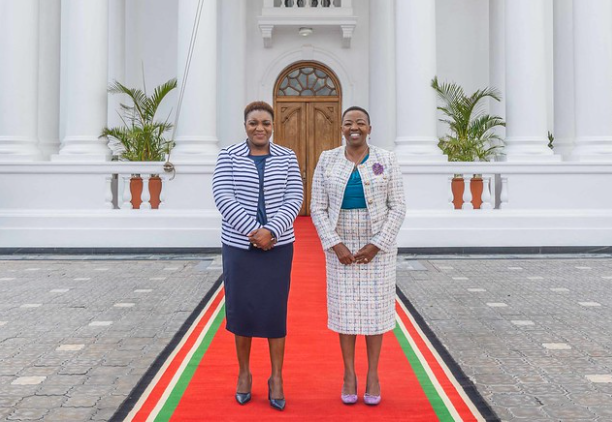 Health CS Susan Nakhumicha and First Lady Mama Rachel Ruto during the flagging off mobile clinics, fridges and transportation freezers at State House, Nairobi on November 6, 2023.