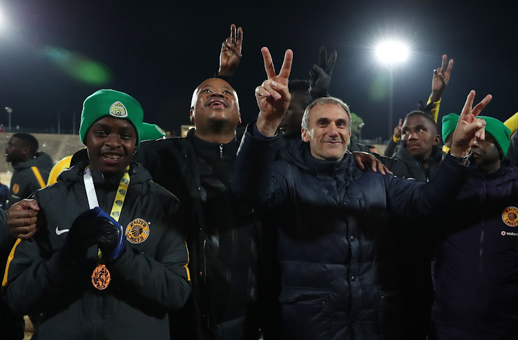 Bobby Motaung celebrates with Giovanni Solinas, coach of Kaizer Chiefs during the 2018 Maize Cup Final match between Kaizer Chiefs and Free State Stars at the James Motlatsi Stadium, Orkney on July 14 2018.