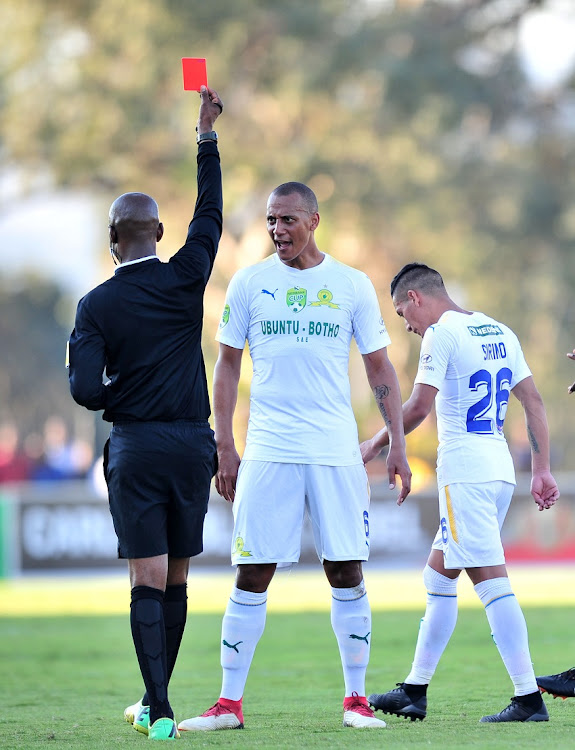 Gaston Sirino of Mamelodi Sundowns receive a red card from Referee Victor Hlungwane and Wayne Arendse of Mamelodi Sundowns reacts during the 2018 Nedbank Cup semi final match between Maritzburg United and Mamelodi Sundowns at Harry Gwala Stadium, Durban on 22 April 2018.