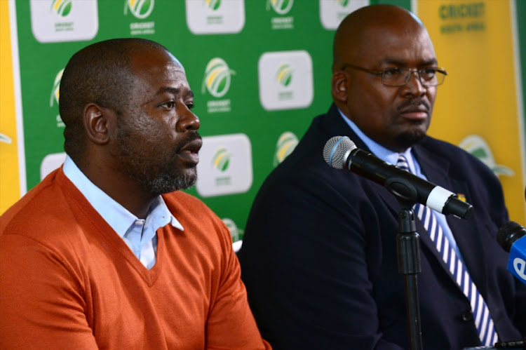 Cricket South Africa acting chief executive Thabang Moroe (L) alongside president Chris Nenzani.