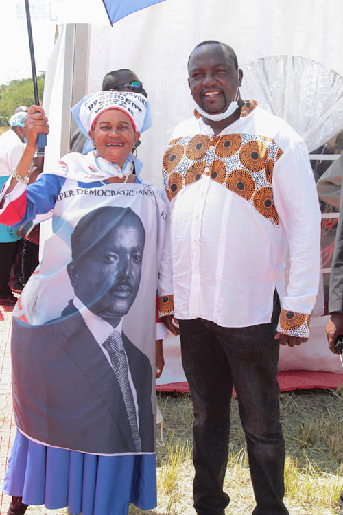 Mavoko MP Patrick Makau with a nominated MCA during the Ukambani Leaders Forum at Wiper leader Kalonzo Musyoka's home in Yatta, Machakos County on Saturday, January 15.