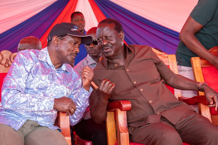 Wiper party leader Kalonzo Musyoka and Azimio chief Raila Odinga attend prayers in Kitui county on October 14, 2023.