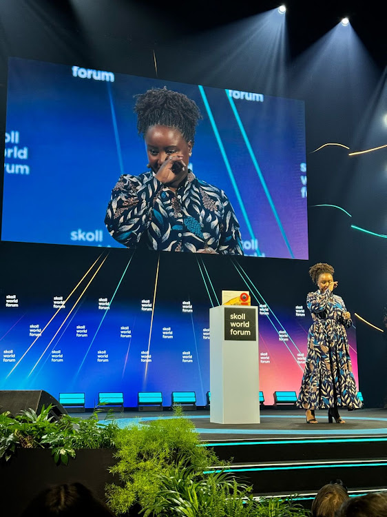 Founder and Executive Director Food for Education Wawira Njiru receiving the Social Innovator Award by Skoll Foundation in Oxford, England on April 12, 2024