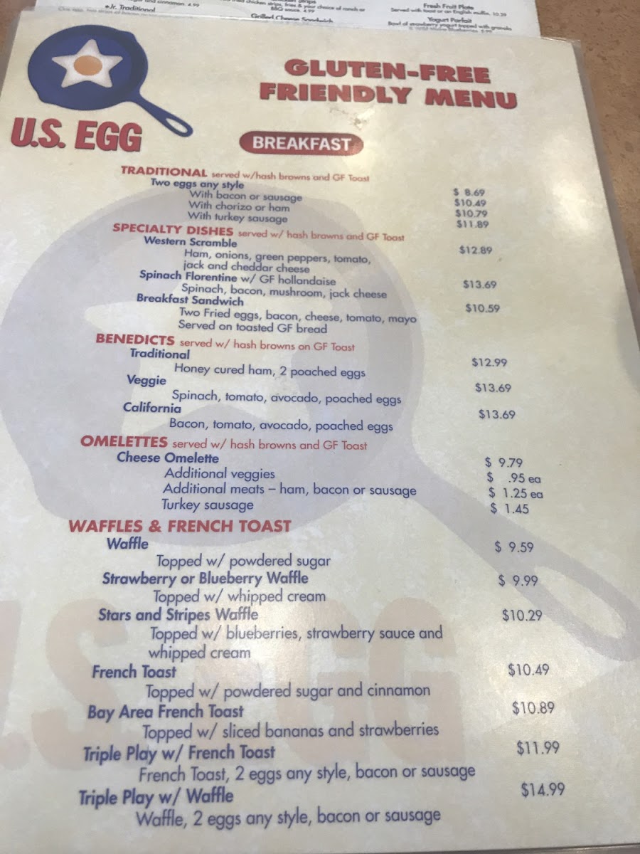 U.S. Egg gluten-free menu