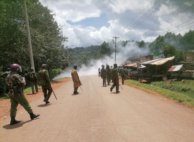Police disperse the protesters in Nyamache on April 15, 2024.