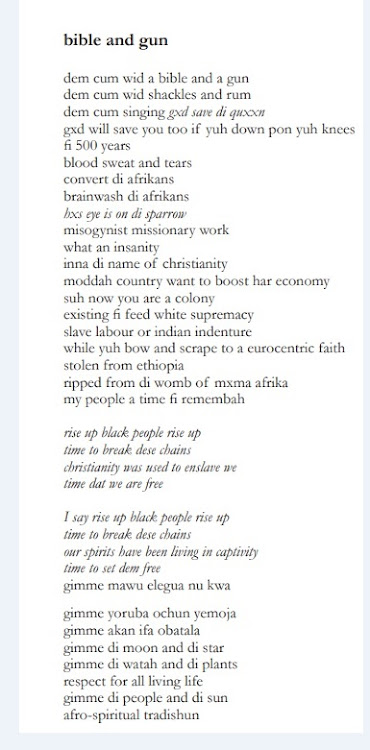 'bible and gun', from 'rivers and other blackness between us: (dub) poems of love book 2' of 'dubbin poetry'.