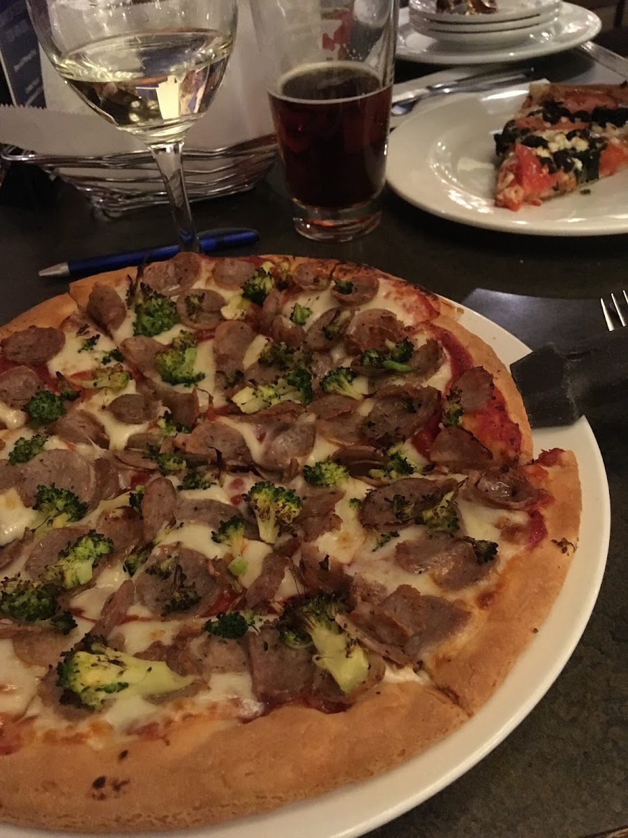 GF pizza with provolone, sausage and broccoli